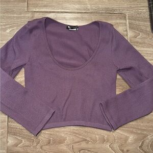 ZARA Ribbed Long Sleeve Scoop Neck Cropped Top - Dusty Purple XS